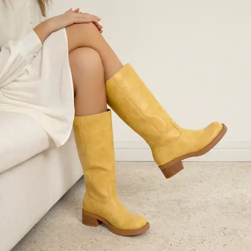 Athlefit Women's Banana Knee High Boots Square Toe Wide Calf Slip On Chunky Riding Boots for Women Low Heel Shoe Footwear Stylish Leather tiktokshopbacktoschool,back to school,back to school haul,sohochic