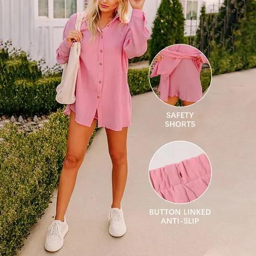 Fisoew Womens 2 Piece Basic Collared Matching Set Oversized Long Sleeve Button Down Top Attachable Safety Shorts Casual Beach Cover-Up Vacation Outfits SohoChic