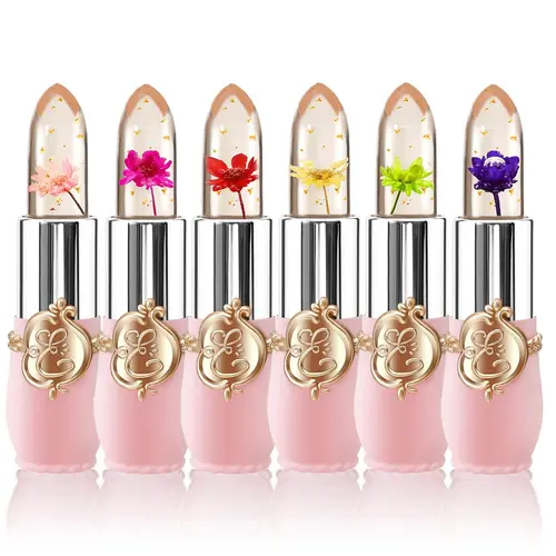 6/12 Pcs Crystal Flower Jelly Lipstick Set – Temperature-Responsive, Moisturizing, Long-Lasting, Color-Adjusting Lip Balm with Real Flowers, Ideal Gift for Women and Girls