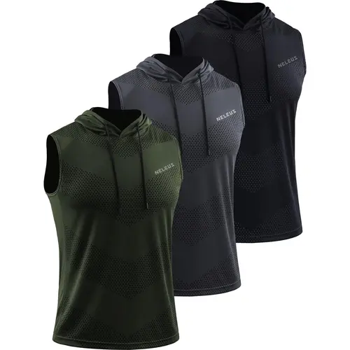 NELEUS All Season Men's 3-Pack Dry Fit Polyester Workout Tank Tops - Sleeveless Hooded Sports Vests, Quick Wicking Boxing Gym Outfit, Mensfashion Design with Accentuated Shoulders