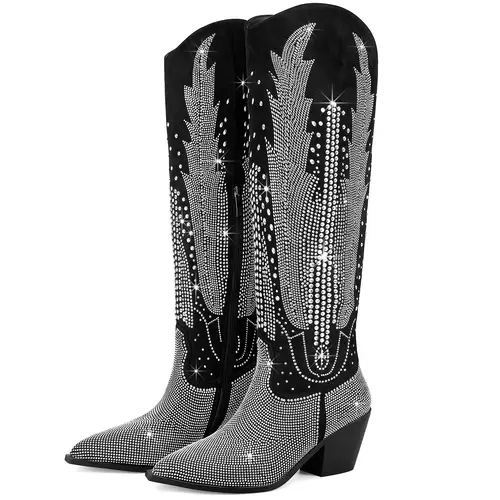 RONILURN Knee High Cowboy Boots for Women Cowgirl Western Boots Rhinestone Bling Pointed Toe Chunky Heel Pull On Fashion Shoes Tall Black Boot dream boots,shoes for back to school,back to school shoes,sohochic