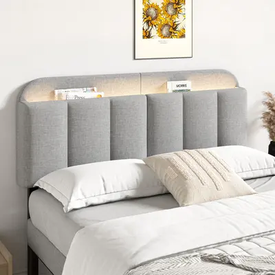 【SohoChic】ONBRILL Adjustable Bed Headboard for Full/Queen/King Sizes - Premium Linen Surface, Modern Vertical Channel Design, Built-In Storage, RGB Lights, Height Adjustability, Pre-Drilled Installation Kit, Linen Fabric for Modern Bedroom Furniture,,