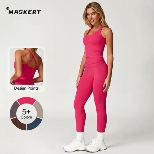MASKERT Women's Two Piece Set Sports Tank Top & High Stretch Tight Leggings Tummy Control Workout Daily Wear Running Outfits summerwins Yoga Clothes Set Sleeveless Gym Tops
