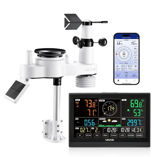 【toolupgrade】VEVOR 7-in-1 Wi-Fi Weather Station with APP,7.5-Inch VA DisplayWireless Solar Powered Outdoor SensorRain GaugeIndoor Outdoor for Weather ForecastWind SpeedTemperatureHumidityRainfall, Solar Powered Thermometer, Wifi Wireless Thermometer, F