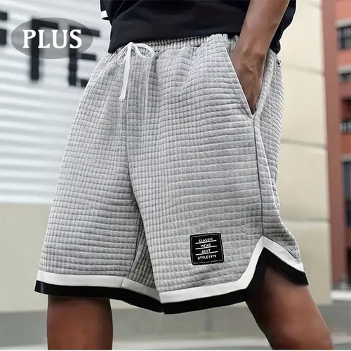 Men’s Plus-Size Knitted Waffle Shorts, Plus Size Clothes, Menswear Bottoms with Elastic Drawstring Waist, Stretchy Breathable Soft Fabric, Plain Gray Easy-to-Match Neutral Summer Casual Wear