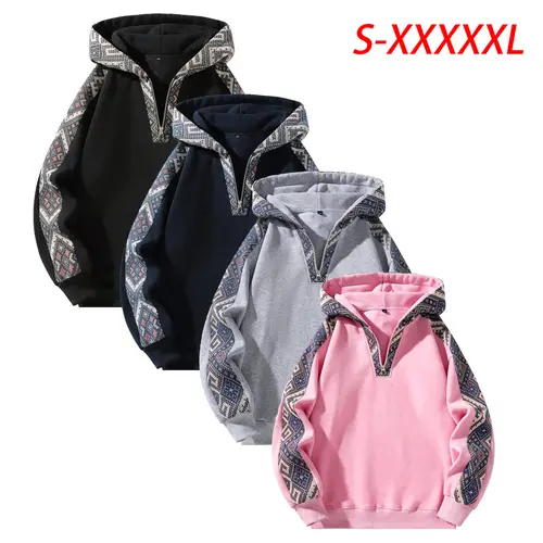 Men's Stylish Retro Ethnic Print Quarter-Zip Hoodie - Longsleeves Color Block Knit Clothing, Fitted Casual Streetwear Clothing, Fashion Apparel Easy-Wear Everyday Outerwear, Thanksgiving,sohochic