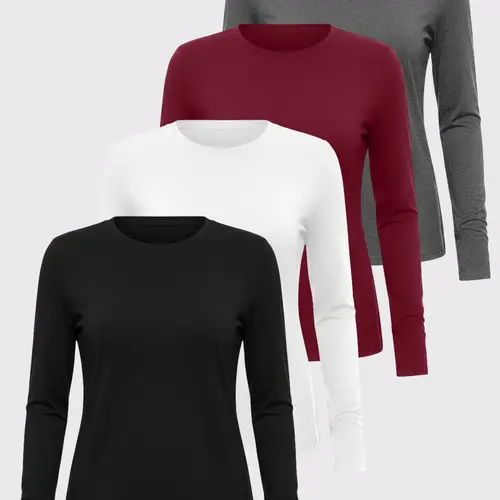 TELALEO Women's 4-Pack Long Sleeve Basic Shirts - Crew Neck, Slim Fitted Compression, Sporty Chic Stockup Undershirts for Gym Workouts (Black, White, Gray, Red) - Long Sleeve Tops, Basic Tops