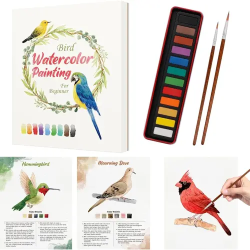 SkilLify Watercolor Workbook for Beginners, Bird Watercolor Paint Set, Art Crafts Watercolor Notebook Practice Coloring Book for Adults Teens - Colors Painting Set & Brush, Valentine's Day gift