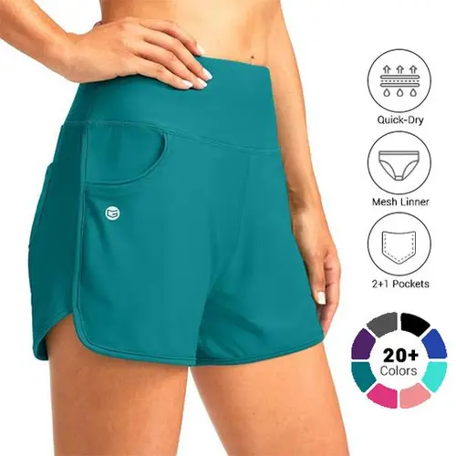 G GRADUAL Women's 3" High Waisted Breathable Stretch Swimwear Shorts, Quick-Dry Tummy Control Surfing Rashguard Board Shorts with Pockets, Built-in Liner, UPF 50+ Sun Protection, Breathable Swim Shorts, Stretch Swim Shorts