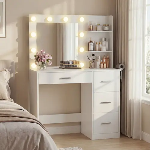 Furmax Modern Makeup Vanity Desk with LED Lights & Mirror, Affordable Vanity Table with 4 Drawers & 3 Open Shelves, White Makeup Desk for Bedroom, Dorm, Gift for Girlfriend, Daughter, Granddaughter, Sister Vanity Desk Furniture Modern Vanity Table Lighted