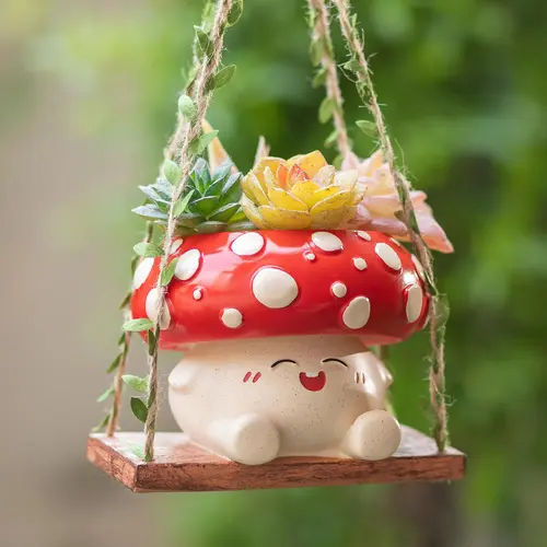 Whimsical Smiley Face Mushroom Hanging Flower Pot - 3.9in Opening, Drainage Holes, Cute Plant Pot, Aesthetic Mini Hanging Planter, Cottagecore Garden Decor, Gift for Plant Lovers, Cute Plant Pots, Hanging Flower Pots,sohochic