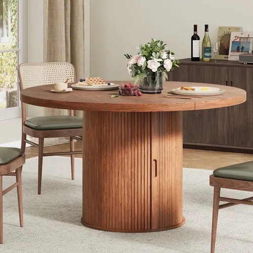 【SohoChic】ONBRILL 47 inch Round Dining Table for 4, Circle Kitchen Table with 2-Layer Storage Shelf and a Drawer, Modern Farmhouse Dinner Tables with Sliding Door and Wood Strip Base for Kitchen, Living Room