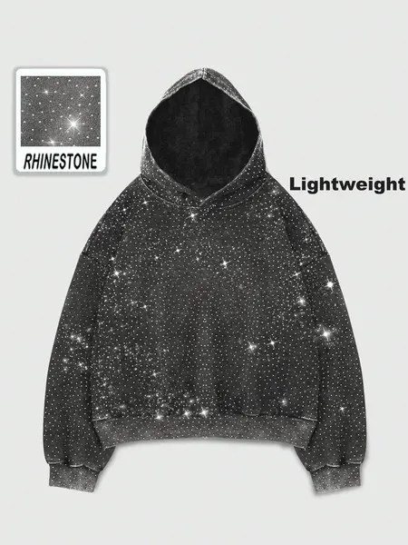 Rhinestone Glitter Unisex Spring Oversized Hoodies Sparkly Long Sleeve Shirts Party Hooded Sweatshirts Tops