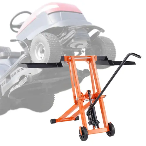 【toolupgrade】VEVOR Lawn Mower Lift with Hydraulic Jack, 500 Lbs Weight Capacity, Solid Carbon Steel Lawn Mower Lift, Adjustable Movable Lawn Lifter for Riding Tractors and Zero Turn Lawn Mowers, Orange , Portable, Mower Maintenance