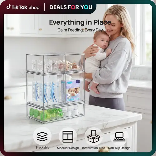【Bottles Station】Vtopmart Stackable Nursery Set of 5/8 Clear Plastic Organizer Bins for Makeup Beauty Supplies Vanity Bathroom Cabinet Pantry, Multi-Size Flexible Design BPA-Free Safe Water&Dust Proof