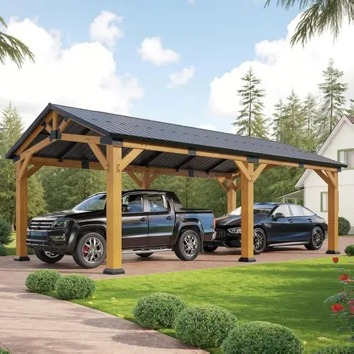 AMERLIFE 12'x24' Cedar Wood Hardtop Gazebo with Steel Roof, Waterproof Outdoor Carport Pavilion, Heavy-Duty Snow & Wind Resistant Canopy for Patio, Driveway, Garden[tiktokshopbacktoschool][SohoChic]