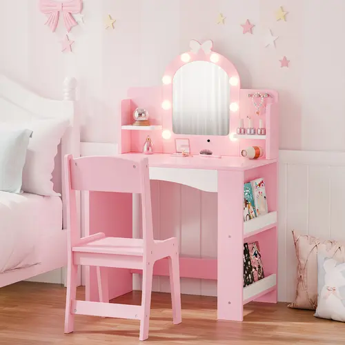 Kids Princess Makeup Vanity Table and Chair Set with LED Lights, Mirror, Open Bookshelf, MDF Wood Storage Cabinet & Shelves, Toddler Vanity Desk with Dual Light Mode