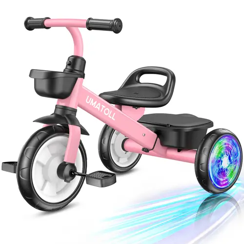 Umatoll Portable Toddler Tricycle - 2-5 Year Old Toddler Toys Trike, Kids Toys with Adjustable Seat, Light-Up Ride-On Wheels, Durable Carbon Steel Frame & Dual Baskets for Outdoor Play #tiktokshopbacktoschool #glowup