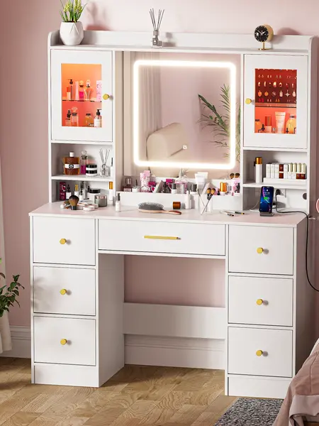 LAKEMID White Modern Makeup Dressing Desk Vanity Set - LED Mirror with Lights, Power Outlet, Adjustable Storage Jewelry Cabinet & 7 Drawers, Romantic Gift for Wife, Bedroom Indoor Furniture