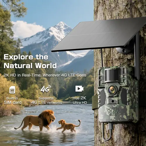 4G LTE Solar-Powered Cellular Trail Camera - 48MP, 2.7K Live View, Remote App Control, Motion Activated, Night Vision, Waterproof, No WiFi/Wires, Built-in 4G Data Card (Data Refill Required) for Hunting (AT&T, T-Mobile Compatible) Survival Tools