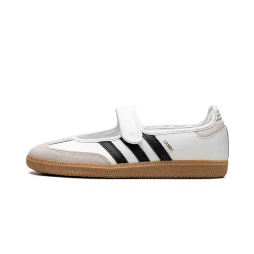 Adidas Samba Jane Kids' Retro Leather Sports Shoes - White & Black, Leather Upper, White Low Top, Contrasting Stripes, Gum Sole, Retro Vibe, Daily Casual Footwear