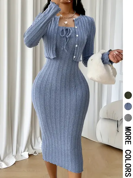 Women Casual Ribbed Texture Textured Elegance Strapless Dress Set with Short Cropped Jacket, Two-Piece for Spring & Fall Womenswear