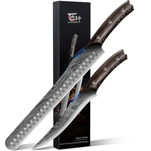#sohochic SYOKAMI BBQ Carving Knives Set - Brisket Slicing & Boning Knives, Razor Sharp Japanese High Carbon Steel Carving Tool with Hollow Dimples, Wood Ergonomic Full Tang Handle for Precision Cut, Ideal Mother's Day Thanksgiving Christmas Day Gift