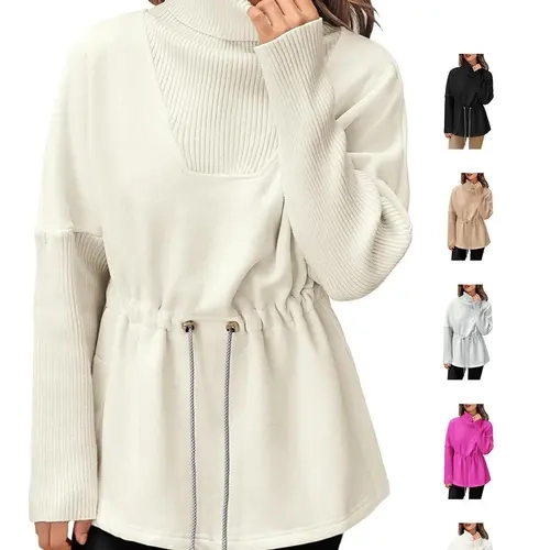 FISOEW Women's Fleece Turtleneck Sweatshirt - Ribbed, Comfortable Everyday Fabric, Drawstring Waist, Long Sleeve, Side Slit Tunic Pullover, Chic Style, Knitted Hoodie