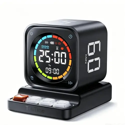 TICKTIME TK3 Pomodoro Timer Cube - Digital Adjustable Timer, Desk Productivity Tool with 5/10/30/60 Min Preset Times, Custom Countdown, Stopwatch, Clock, 3 Alarms, Silent/Vibrate/Sound Alerts for ADHD Study, Kitchen (Black),sohochic
