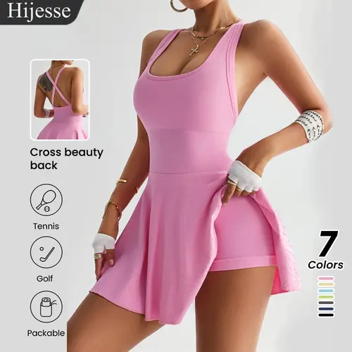 Hijesse Cross Back Tennis Dress with Built-in Shorts, Quick Dry Packable Golf Workout Outfit for Spring & Summer (Now $24.99 -50%)