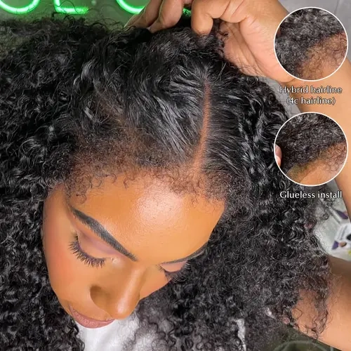 Cynosure 4C Edges Curly 8x5 Glueless HD Frontal Lace Human Hair Wig, Pre-Cut, Secure Elastic Fit, Natural Realistic Hairline