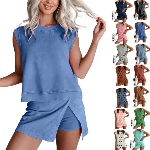 SCUSTY Women's 2 Piece Set Mineral Washed Cotton Loungewear Set Summer Summervibes Tank Top Lined Split Athletic Skirt Suits
