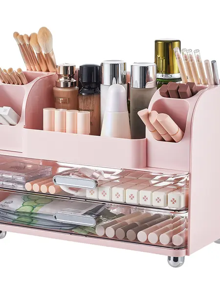 UFORU Makeup Organizer Box - Durable Storage Organizer for Vanity Organization, 2 Large Drawers, Brush Holders, Bathroom Countertop Skincare & Desk Office Supplies Pink Jewelry Storage Gift