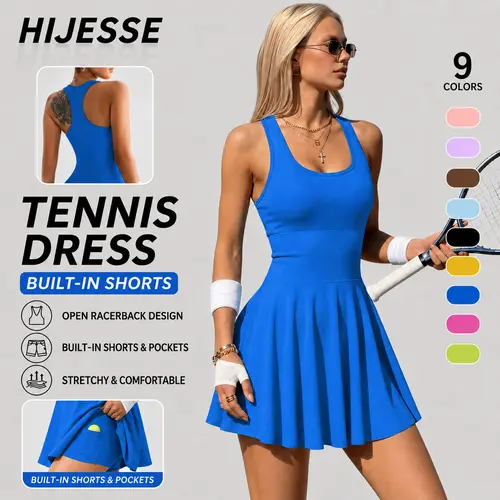Hijesse Women's Solid Sports Tennis Dress High Stretch Comfortable Breathable Fabric Built-In Pocket Design Ideal for Yoga Fitness Activities sport romper sleeveless romper, Suitable for Spring & Summer Wear