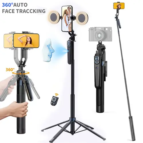 70.8in Automatic 360° Rotatable Smart Face Tracking Selfie Stick Tripod, Adjustable Extendable Stand with Gesture & Remote Control, Rechargeable Fill Lights for iPhone Mobile Phone Vlogging Equipment - Selfie Accessories