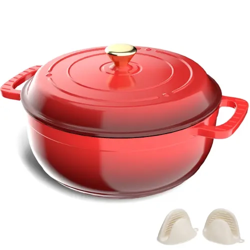 ROVSUN Non Stick Enamel Cast Iron Round Dutch Oven Set, 5/6/7.5QT Stockpot with Lid & Dual Handles, Silicone Gloves Included, Oven Safe up to 500°F, Heavy-Duty Pre-Seasoned Camp Kitchen Cookware for Braising, Stews