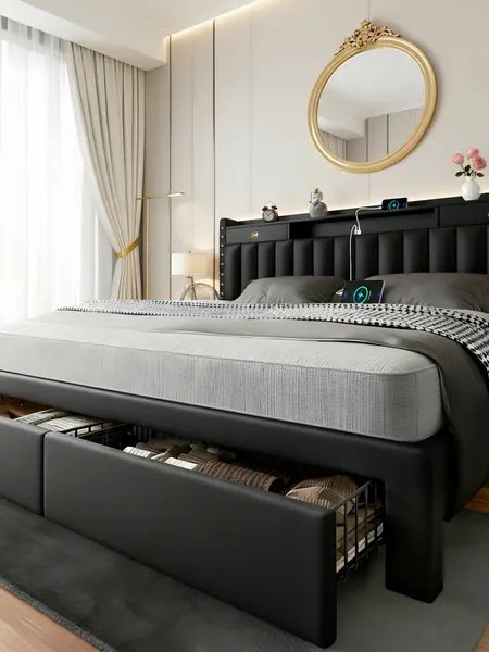 TryLazy Furniture Bed Frame with 4 Drawers and 2 USB & 1 Type-C Charging Ports, No Mattress, Upholstered Platform Bed Frame with Storage Headboard Bed Frame,No Box Spring Needed Required Easy Assembly,Full/Queen/King