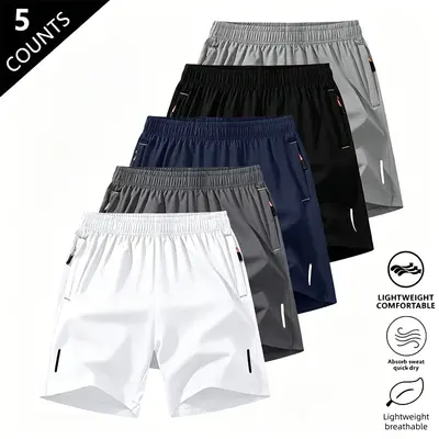 Men’s solid-color shorts with zippered pockets — summer casual, comfortable, breathable shorts made from a 97% polyester + 3% spandex blend; men’s bottoms for everyday wear, tropical beige color, multiple specifications available.