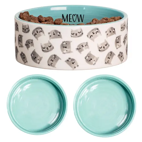 10 Strawberry Street Set of 2 Cat Face PatternPet Dishes
