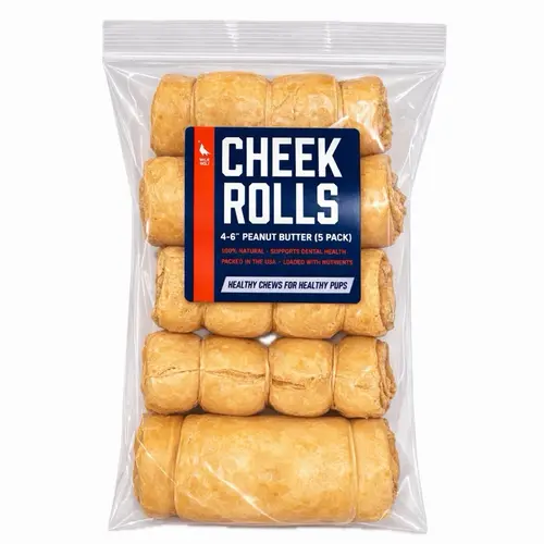 4-6” Peanut Butter Collagen Cheek Rolls (5 Pack) 100% Natural and Extra-Thick - Single-ingredient - Long-lasting for Big Dogs and Aggressive Chewers - Dog Treat Chews Dental Sticks