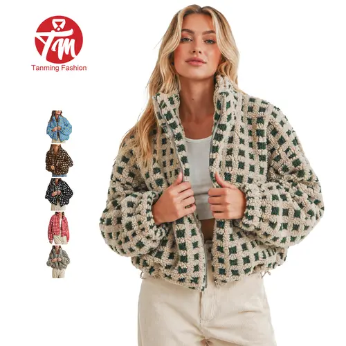 Tanming Women's Casual Women’s Long Sleeve Cropped Sherpa Fleece Plaid Jacket Casual Chunky Teddy Fleece Outerwear