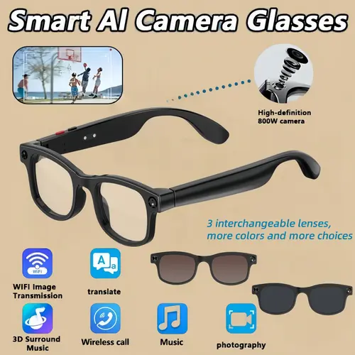 Intelligent Phone Connected Modern Glass Smart Glasses - Dual Lens, Camera, Bluetooth Calls, Music, Real-Time Translation, 3 Interchangeable Lenses (Clear, Sunglasses, Yellow) Wearable Electronic Device, Intelligent Smart Glasses