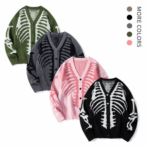 Men's Long Regular Skeleton Print Knit Cardigan - V-Neck Drop-Shoulder Button-Front Baggy Sweater for Casual Daily Wear, Fall Halloween Clothes,sohochic