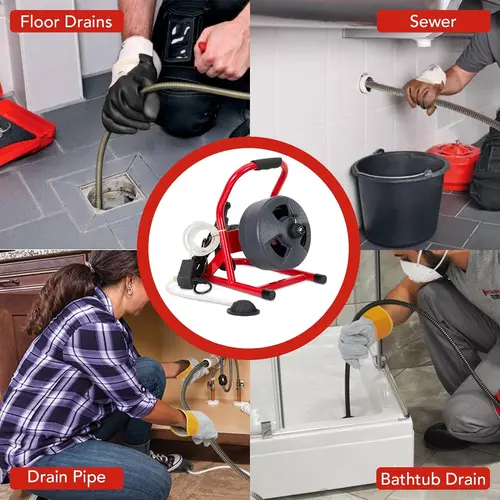 GARVEE 50 ft x 5/16 inches Electric Drain Cleaner Machine - 120v~60hz 2.1A Motor, 0-380/min Sewer Auger Clog Remover, Ergo Handle, 6 Cutters, Gloves, Heavy Duty for 3/4-3 in Pipes, Outdoor Use,toolupgrade