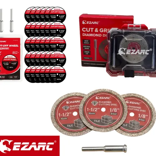 EZARC Arbor Mount Rotary Tool Cut-Off Wheels, 1.5 in x 1/8 in Size, 1/8 in Arbor with Mandrels, 150-Grit Diamond Grit, Fiberglass Tough, 0.6mm Ultra-Thin Kerf, Durable for Masonry/Metal Cutting, Burrfree Cuts for Home DIY Projects, Convenient Storage Case