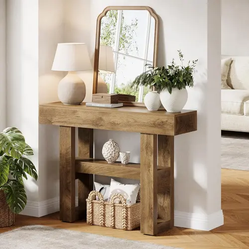 LITTLE TREE 41.34-Inch Farmhouse Console Table, 2-Tier Narrow Sofa Table Behind The Couch, Entryway Furniture with Storage Shelves for Hallway Foyer Living Room