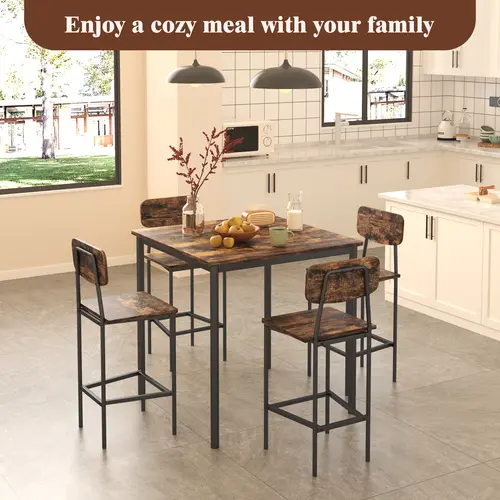 Dining Table Set for 4, Retro Kitchen Table and Chairs Set for 4, Metal Frame, Space-Saving Table and Chairs Set of 4 for Small Place, Living Room, Breakfast Nook