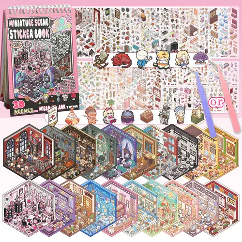 3D Scene Sticker Book Kit - 20 Miniature Scene Cards, 1 Tweezer, Scrapbooking Craft Supplies, Journal Making, Halloween Decorations, Holiday Gift for Kids