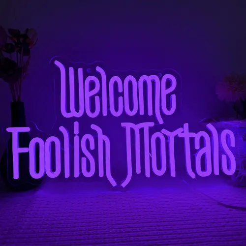 Welcome Foolish Mortals Neon Sign, USB Powered LED Neon Light, Dimmable Spooky Gothic Haunted Mansion Decor, Novelty Lighting for Party Haunted House,Halloween decorations, Halloween party decorations, Halloween gifts
