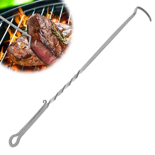Stainless Steel BBQ Pigtail Hook - Heavy Duty Lightweight High-Temp Steel Cookware, Heat-Resistant Outdoor BBQ Utensil with Ergonomic Handle, Hooked End, Juice Lock, Stays Steady on Sears for Pork, Meat